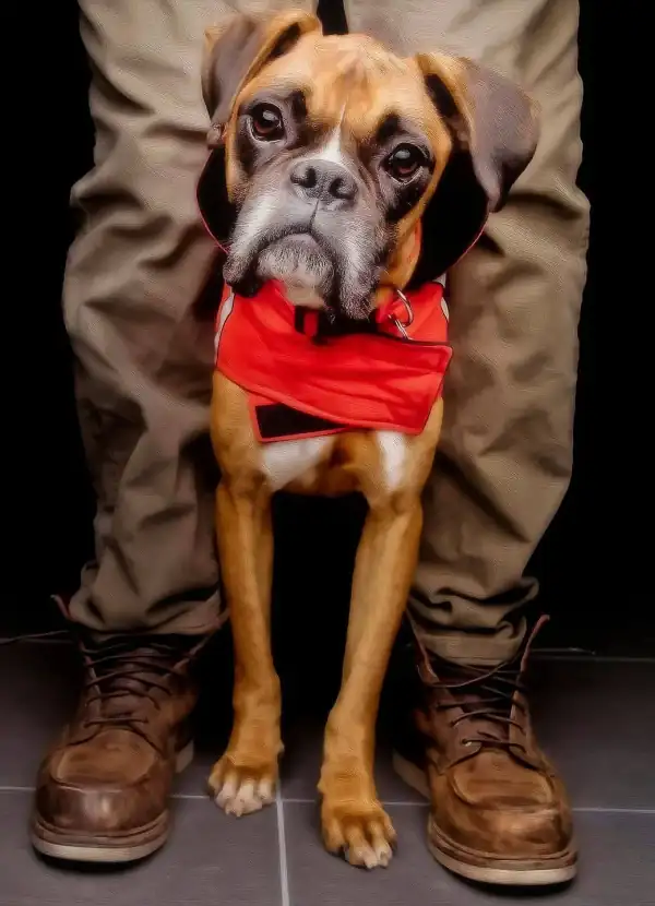 Boxer in a red bandana standing between a person's legs and boots