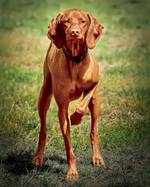 A Vizsla standing on green grass