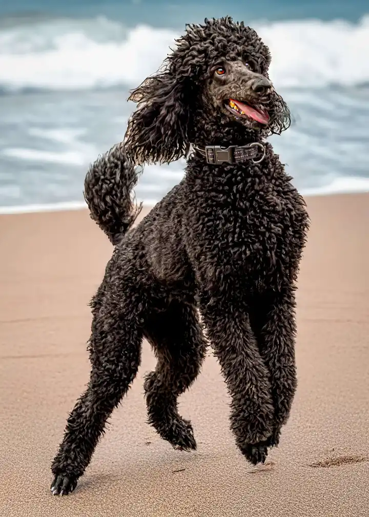 Black standard poodle mid-stride on the beach with surf behind