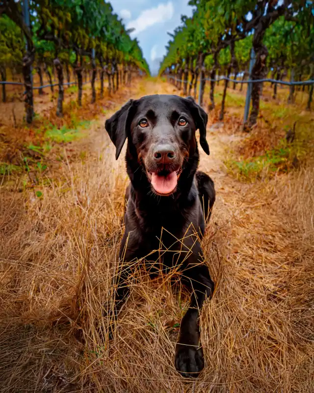 Black lab lying between the rows of a vineyard in Napa